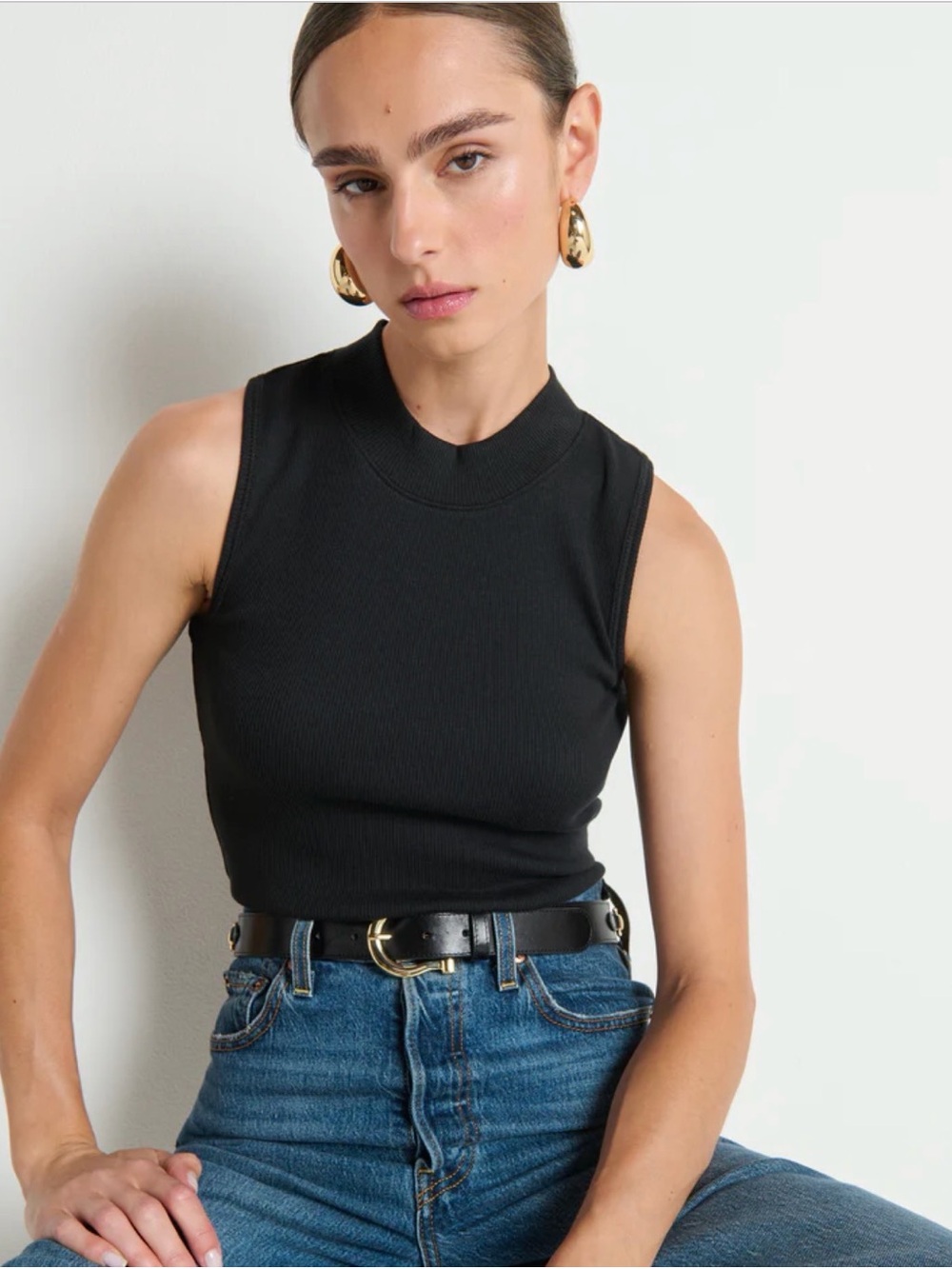 Ribbed Mock Neck Tank Top - Black